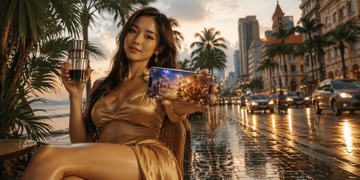 Thành viên VIP tại TP.HCM ngồi quán cà phê kiểm tra thưởng bonus trên điện thoại