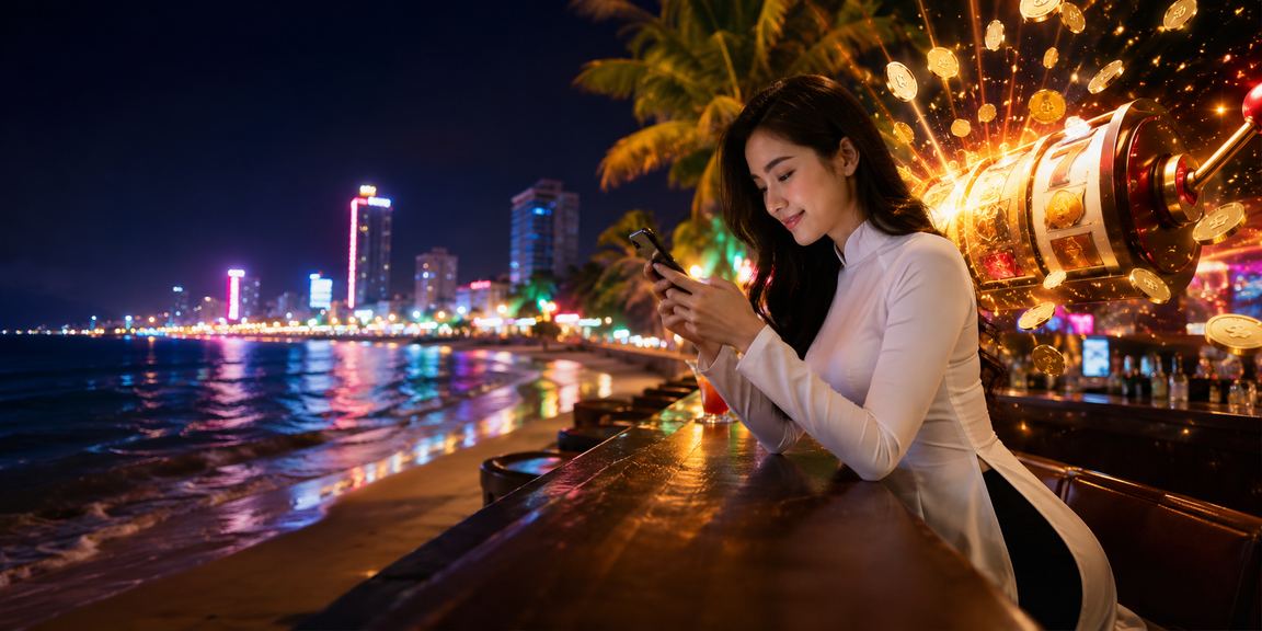 Người dùng tại Quy Nhơn mặc áo dài tham gia slot game trực tuyến trên điện thoại