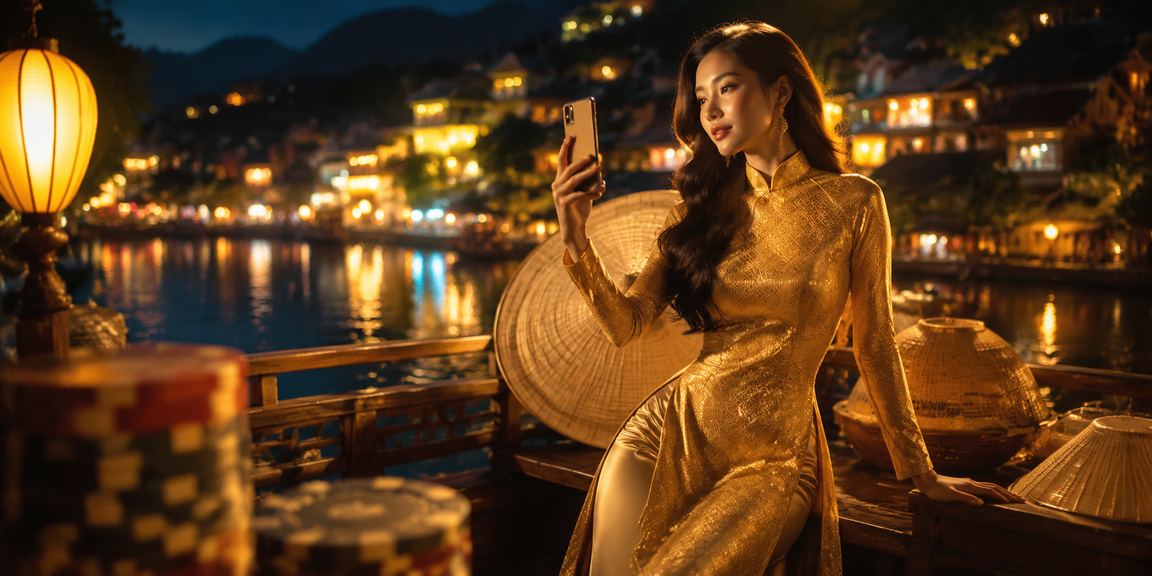 Cô gái mặc áo dài trải nghiệm casino trên điện thoại di động tại Sapa